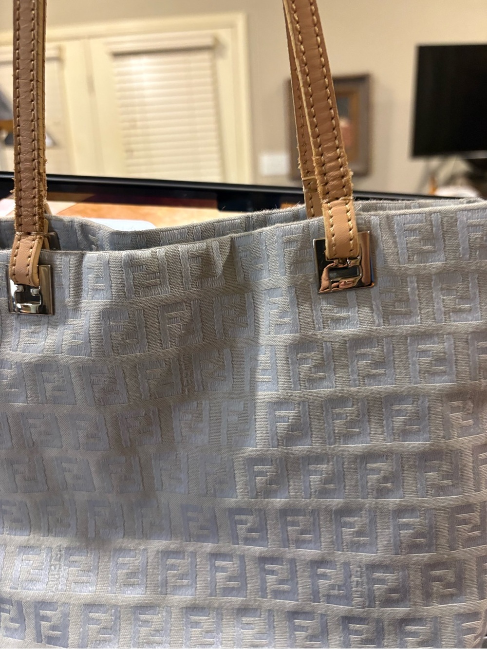 Fendi Light Blue FF Monogram Tote with Tan Leather Straps. - Picture 11 of 16
